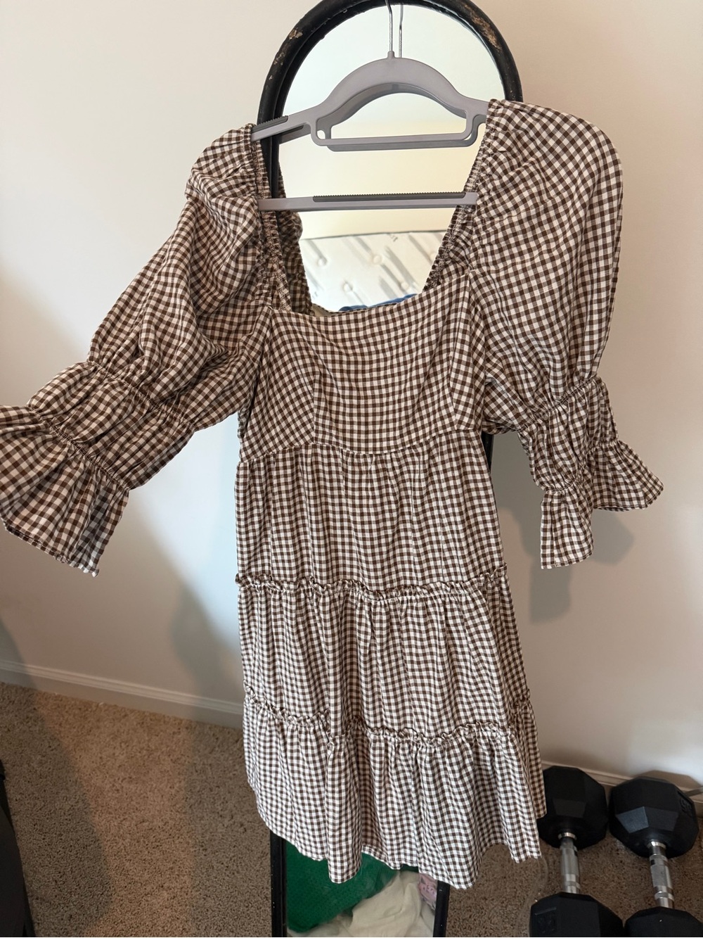 Brown Gingham Tiered Square-Neck Midi Dress
